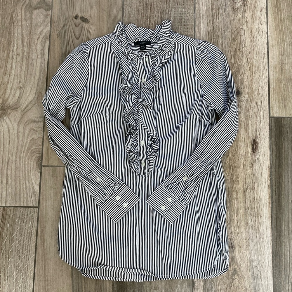 J. Crew Black and White Casual Button Down Shirt with Pinstripes